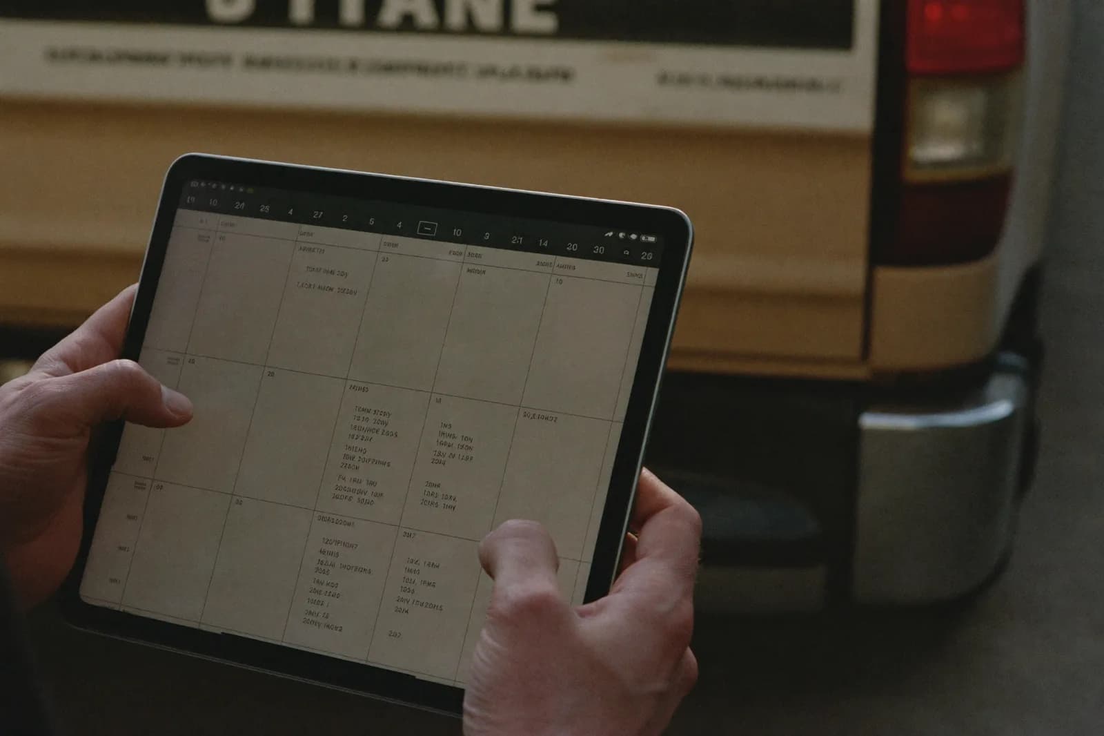 Contractor reviewing a calendar of booked jobs on a tablet at the truck